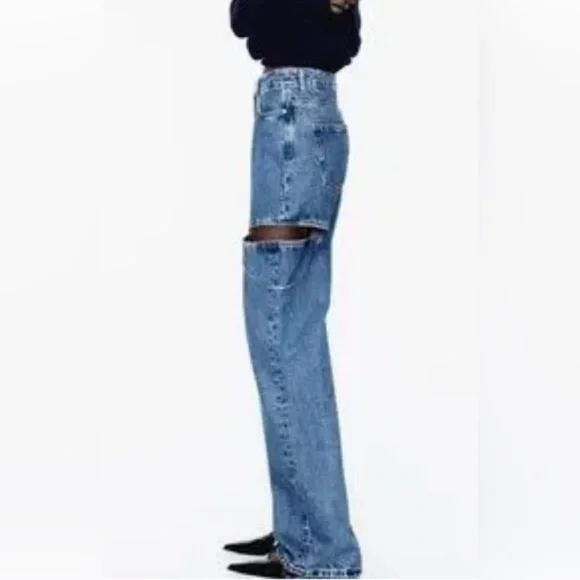 Zara MID WAIST STRAIGHT LEG CUT OUT JEWEL JEANS studded pants denim wide leg - Picture 7 of 11